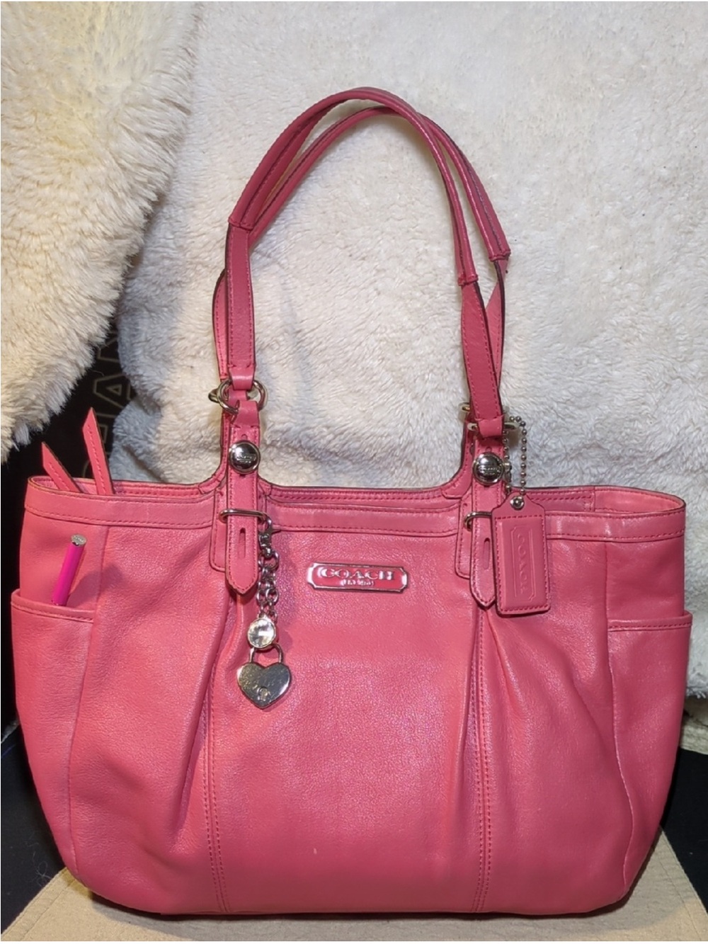 Coach Pink Leather Tote with Heart Charm & Coach pen